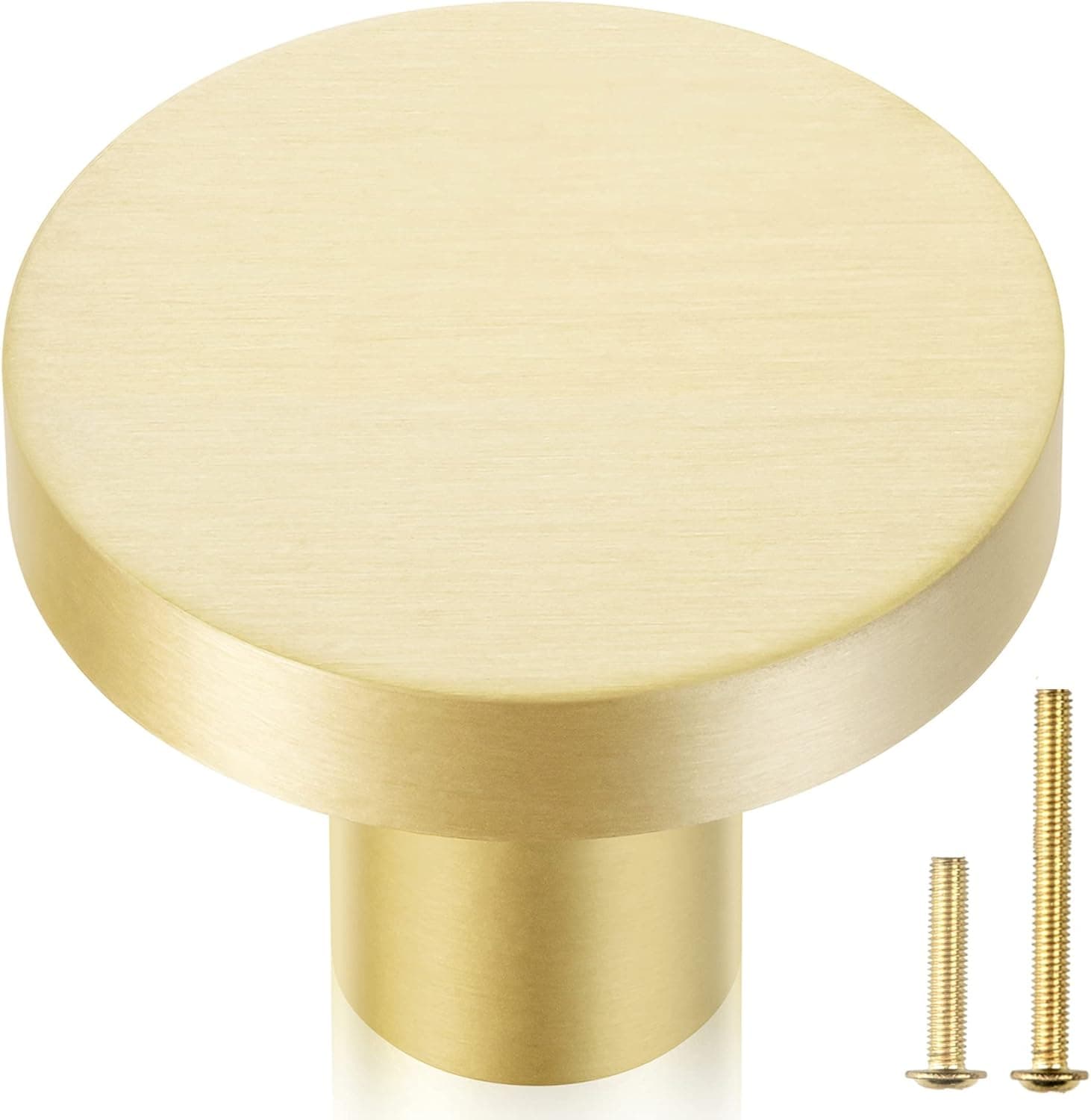 QOGRISUN 10-Pack Solid Brass Cabinet Knobs, 1-Inch Diameter, Round Gold Dresser Drawer Pulls Handles, Modern Kitchen Hardware, Brushed Brass Finish