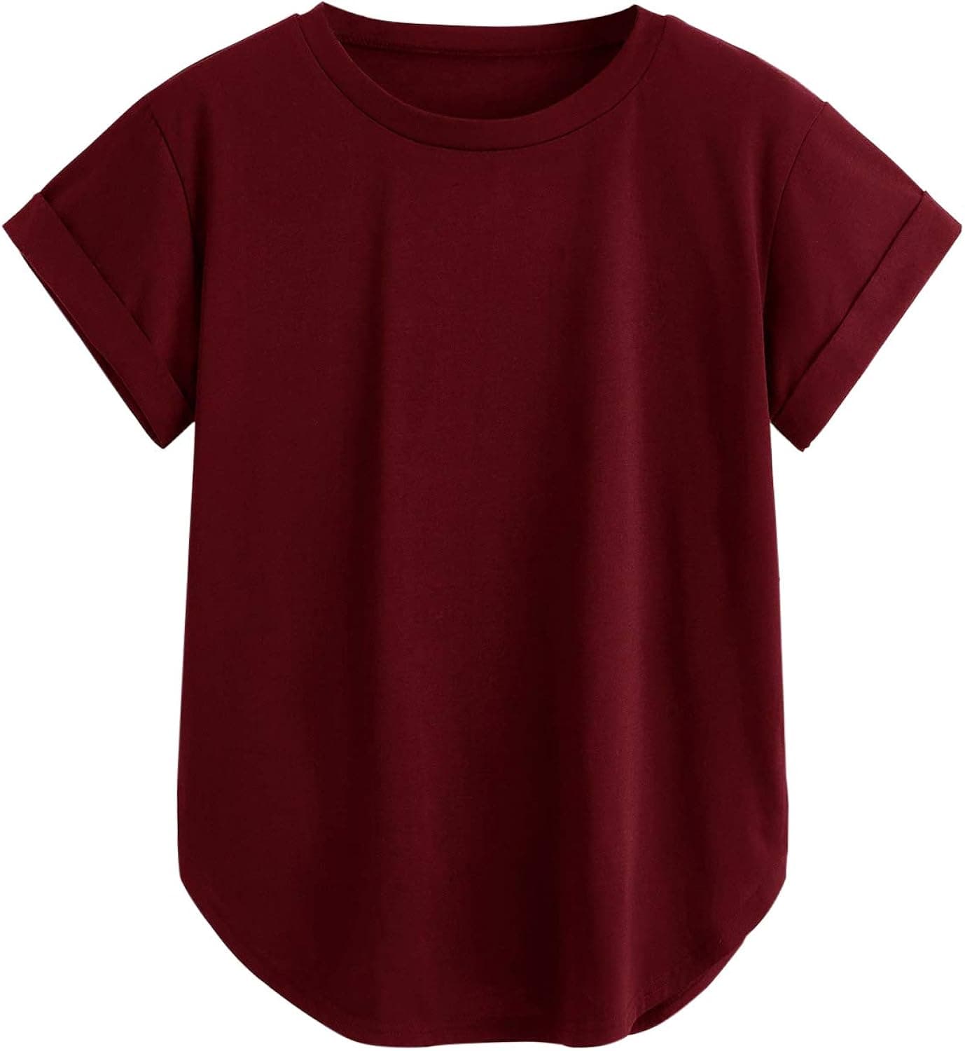 Milumia Women's Basic T Shirt Round Neck Short Sleeve Rolled Cuff Curved Hem Casual Tunic Tops