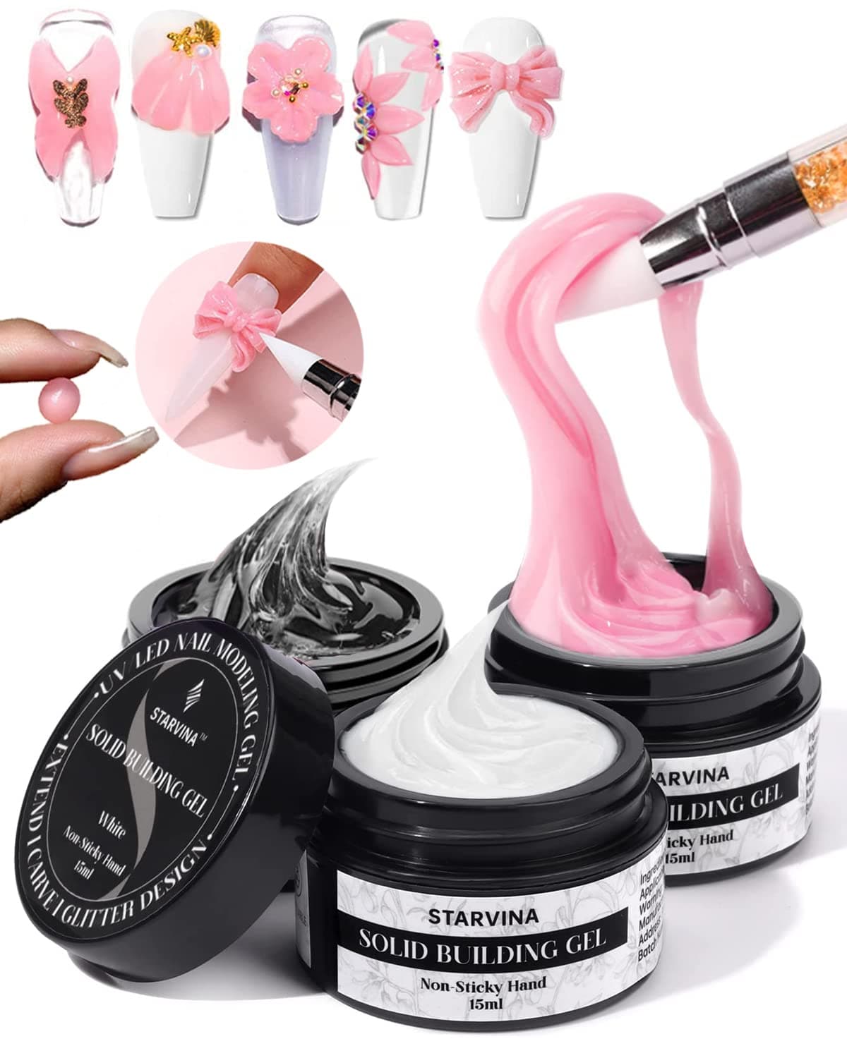 STARVINA Solid Builder Gel Nail Kit 5 in 1 Non Stick Builder Gel for Acrylic Nails Pink White Clear Nail Extension Gel for UV Nail Glue Carving 3D Modeling Nail Art (3PCS 15ML UV Lamp Required)