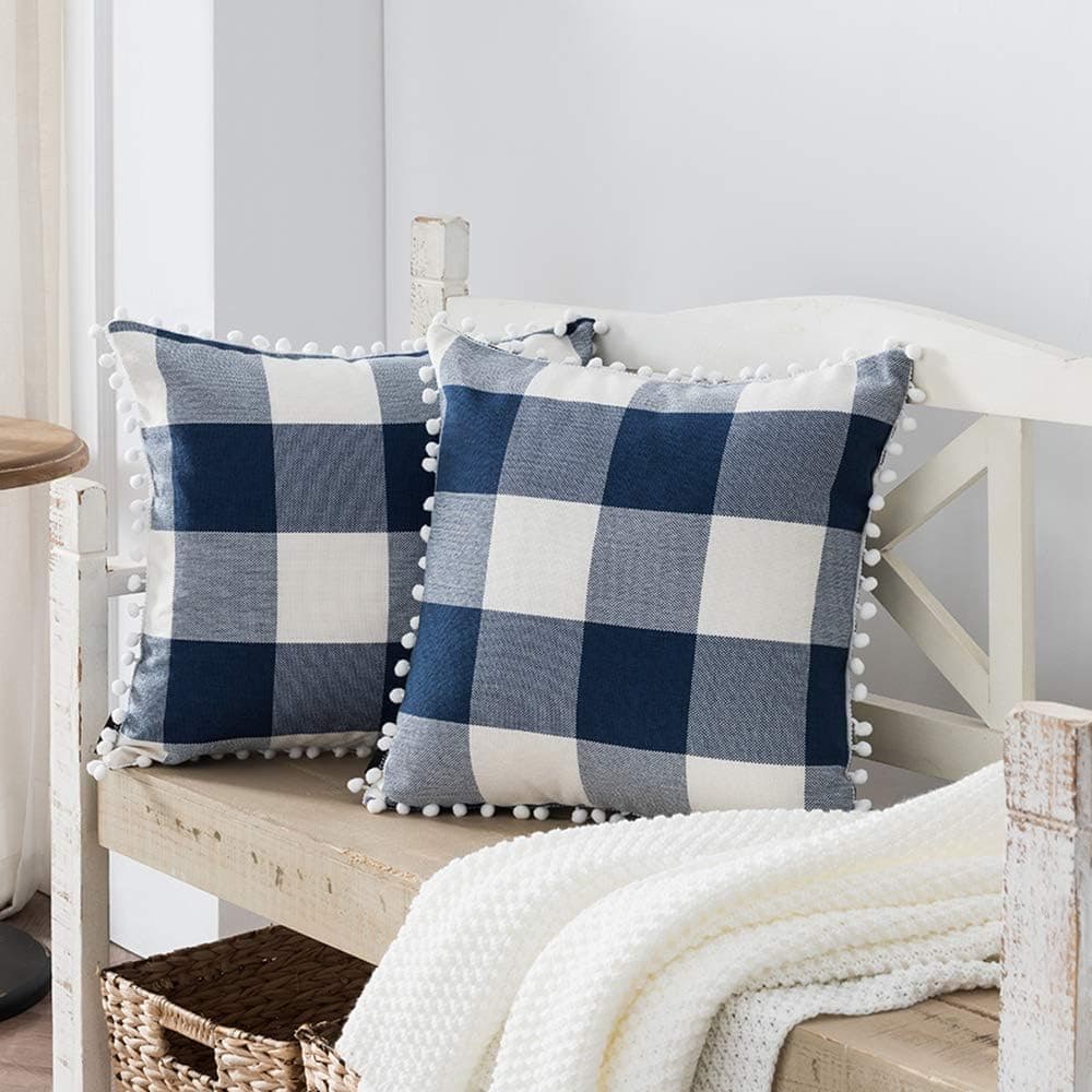 Nestinco Set of 2 Farmhouse Buffalo Check Cotton Linen Pillow Covers with Pom Pom Navy Blue and White Square Throw Pillow Covers 18 x 18 inches for Sofa Couch Decor