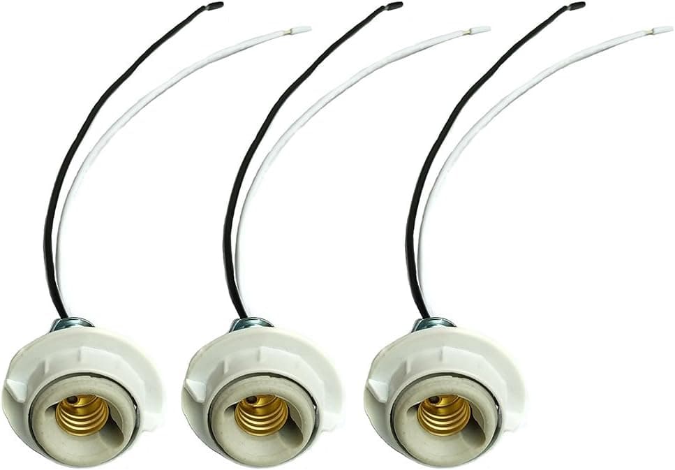 Glo-shine E12 Keyless Socket, E12 Candelabra Sockets Porcelain Threaded Socket with 10 inch lead wires,Bracket,Metal Shade Ring (3Pcs)
