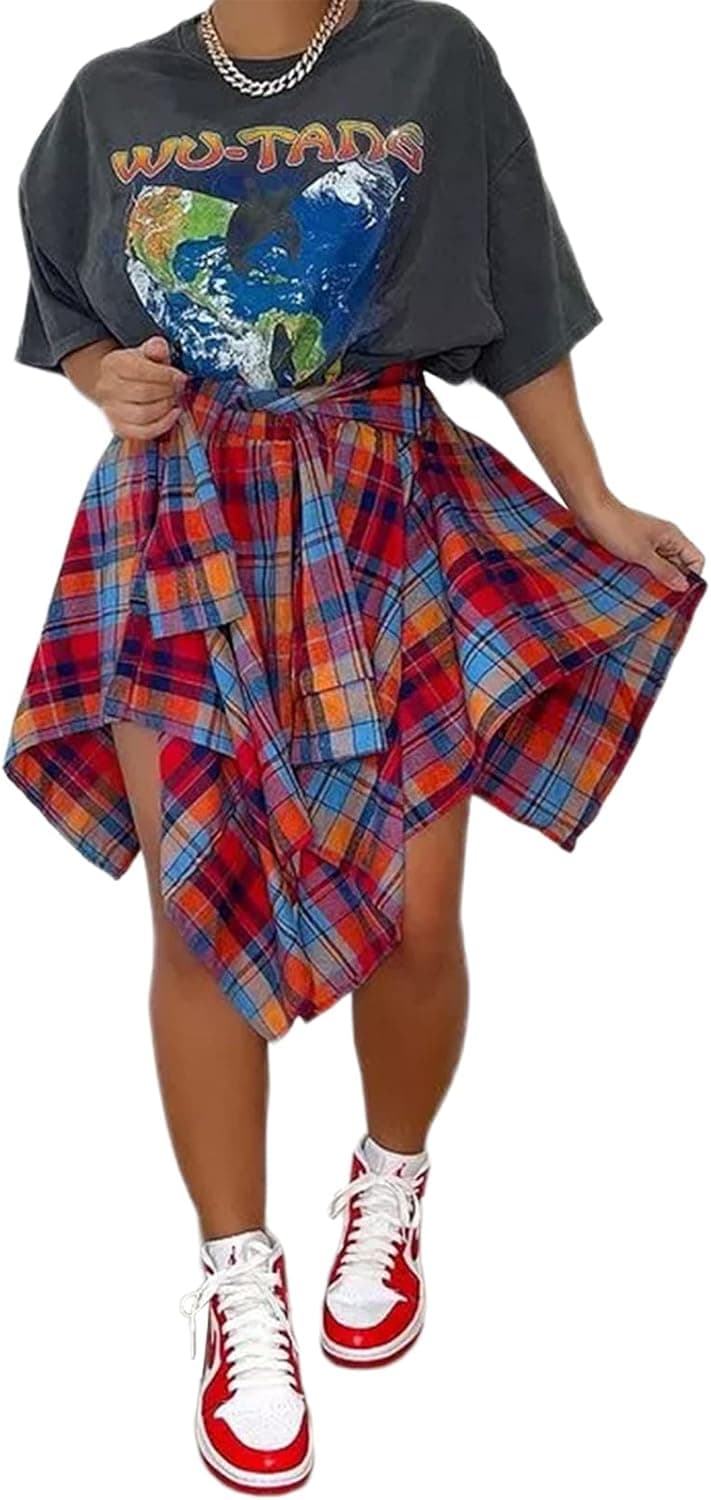 Skirts for Women Plaid High Elastic Waisted Summer Casual Knot Front Asymmetrical Hem A-Line Mini Short Pleated Skirt