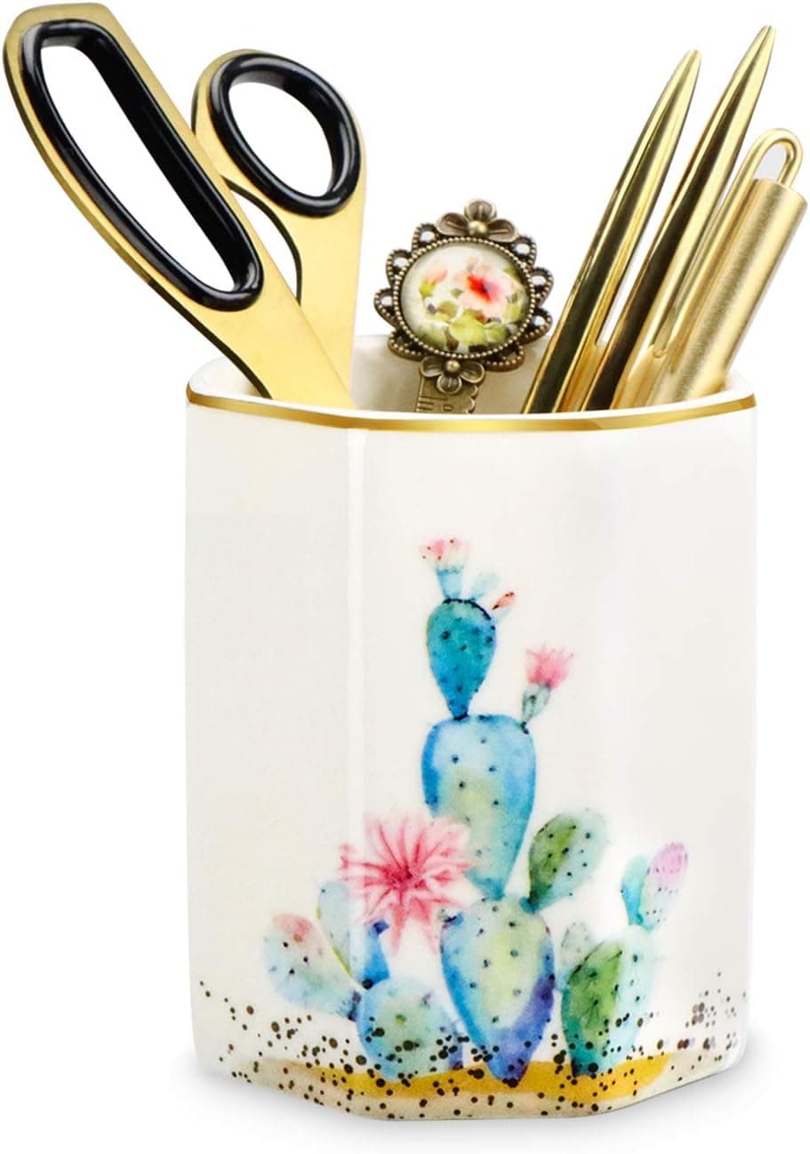 MISIGAR Pen Holder, Cute Pencil Holder, Pencil Cup Holder, Makeup Brush Holder, Cactus Desk Decor for Girls Women Kids,Ceramic Desk Organizer for Office & Home ,Cactus