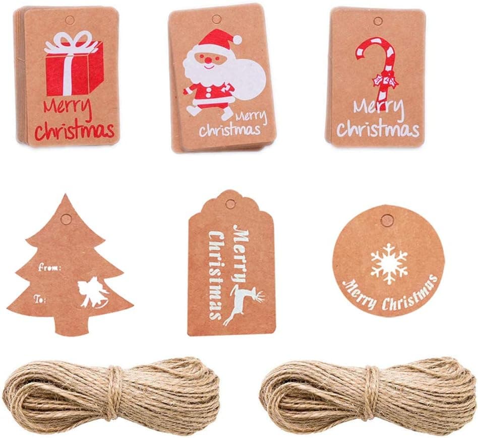Christmas Kraft Gift Tags Brown Paper Name Hanging Tags Labels with Twine String Tie on Smooth for DIY Xmas Holiday Present Wrap and Package Name Card, 60 Pcs