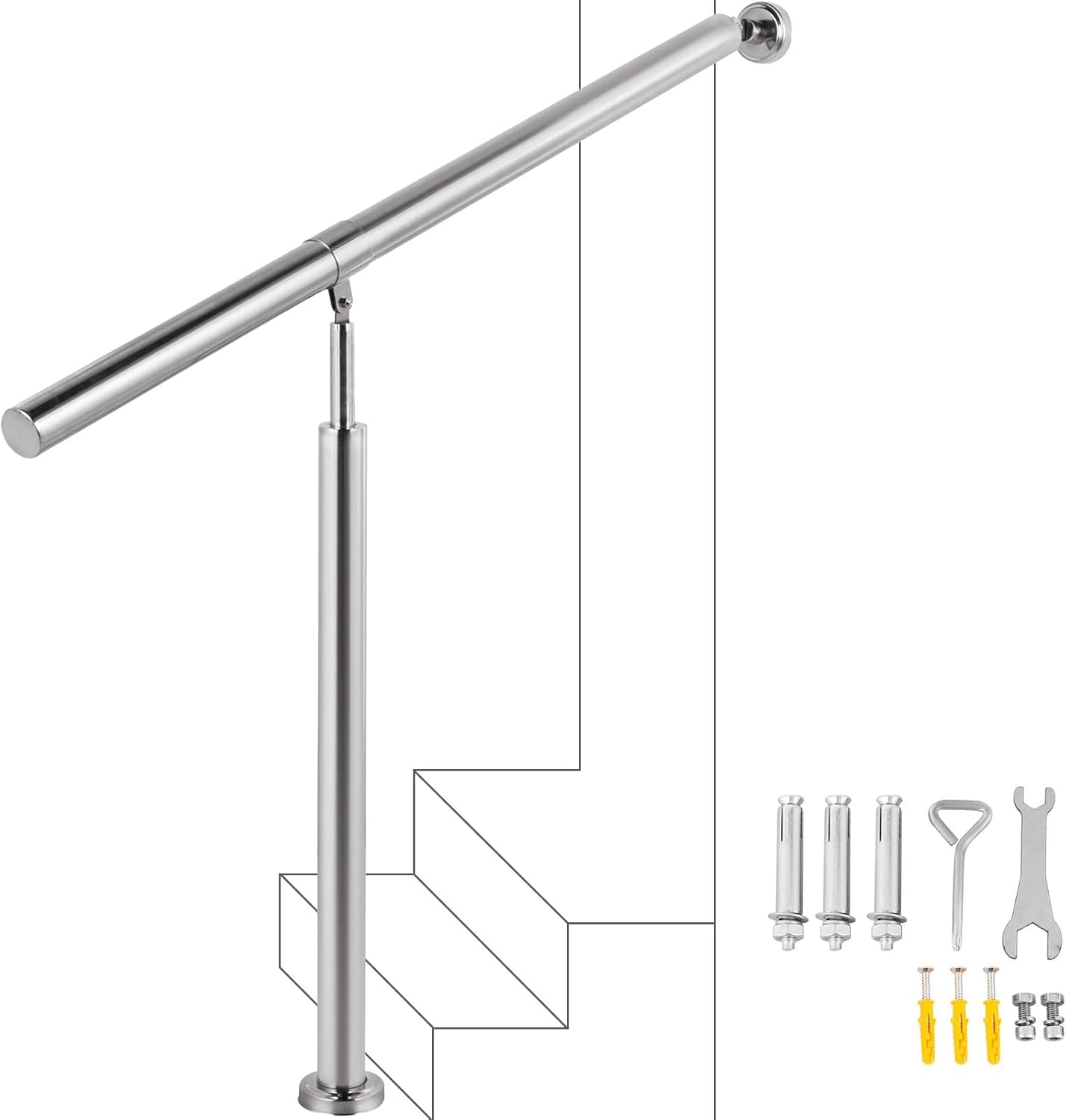 Happybuy Step Handrail 304 Stainless Steel Stair Railing 1-2 Step for Indoor and Outdoor Adjustable Metal Hand Rails for Steps, 31.5x35.4 Inch, Silver