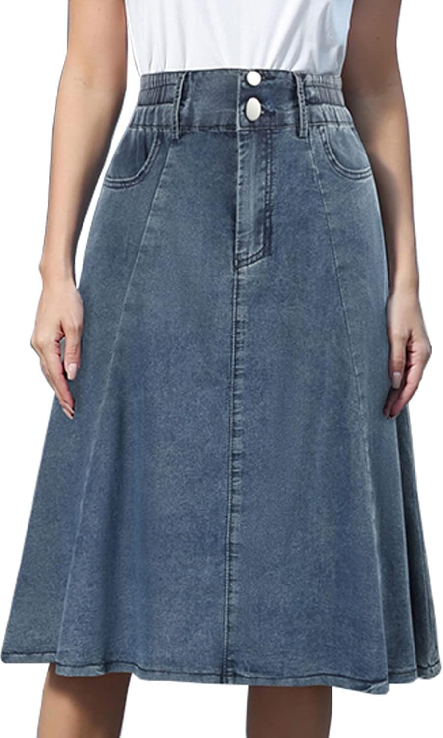 Kate Kasin Flared Stretchy Midi Skirt High Waist Jersey Skirt for Women