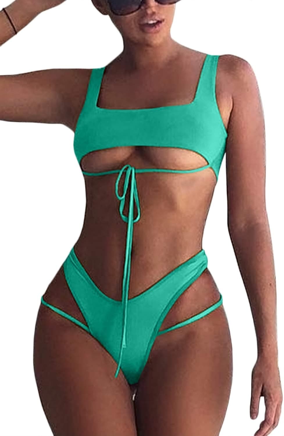 Haloon Women's Strappy Tie Front Cutout High Waist Thong Bikini Sets Swimsuits