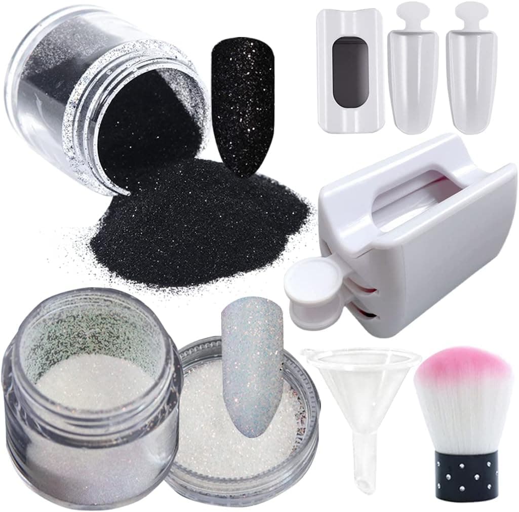2 Boxes Holographic Nail Glitter Powder White Black Shining Sugar,1 Pieces Dip Powder Recycling Tray System Dip Case,1PCS Soft Nail Art Powder Brush Funnel,Nails Art Decoration DIY Crafts