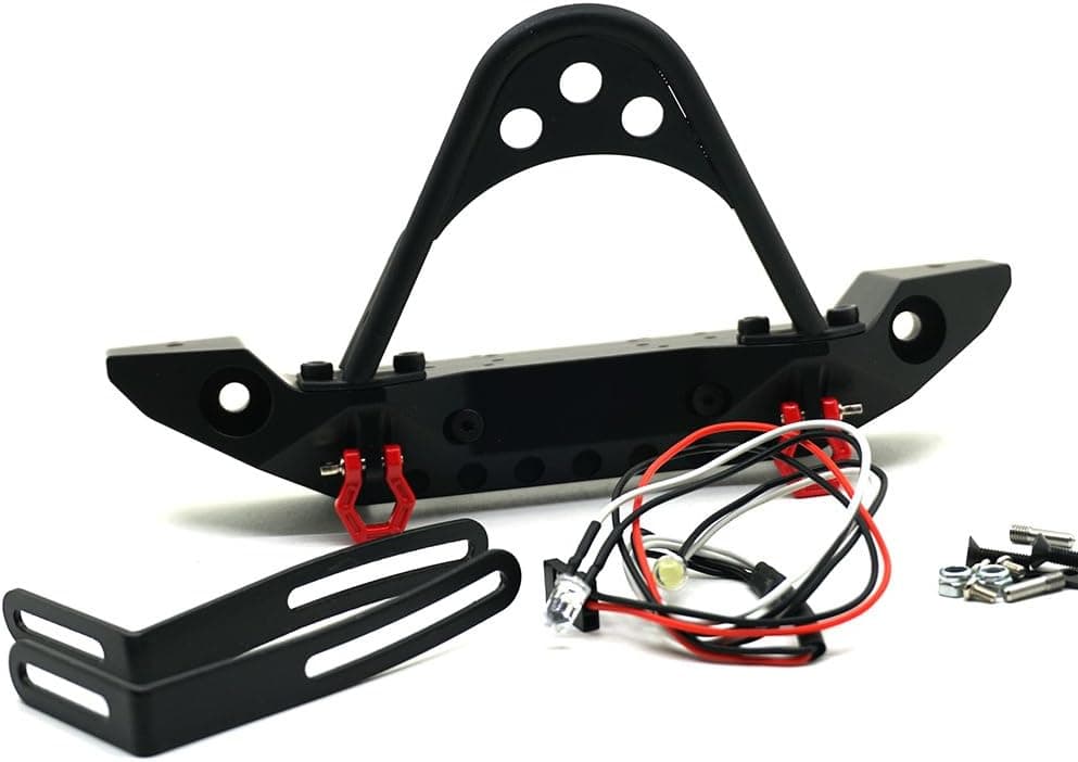 RCLions Aluminum Alloy Front Bumper with LED Lights&2 Red Shackles for Axial SCX10 1/10th RC Crawler Car
