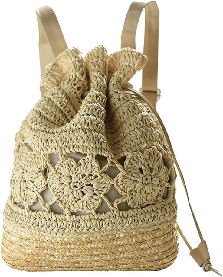 Qinlee Straw Knitted Backpack Boho Style Women's Vintage Hook Flower Daypack Straw Knitted Lightweight Drawstring Backpack (Beige)