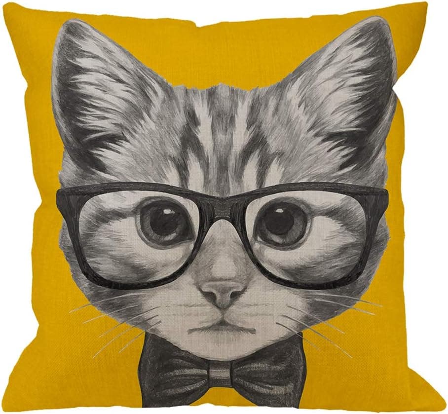 HGOD DESIGNS Cat Square Pillow Cushion Cover,Cat with Glasses and Bow Tie Cotton Linen Cushion Covers Home Decorative Throw Pillowcases 18x18inch,Yellow,Gray,Yellow