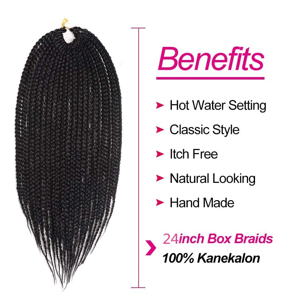 Ronsaen Box Braid Crochet Hair - 24inch 1B Pre-looped Crochet Braids, Box Braid Crochet HairSynthetic Braiding Hair Extensions(24"7P,1B)