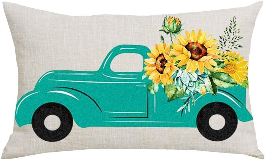 WENIANRU Ink Painting Watercolor Green Pickup Truck Yellow Sunflowers Summer Home Sofa Chair Bed Decoration Lumbar Pillowcase Cotton Linen Decorative Throw Pillow Cover Case Rectangular 12 x 20 Inches