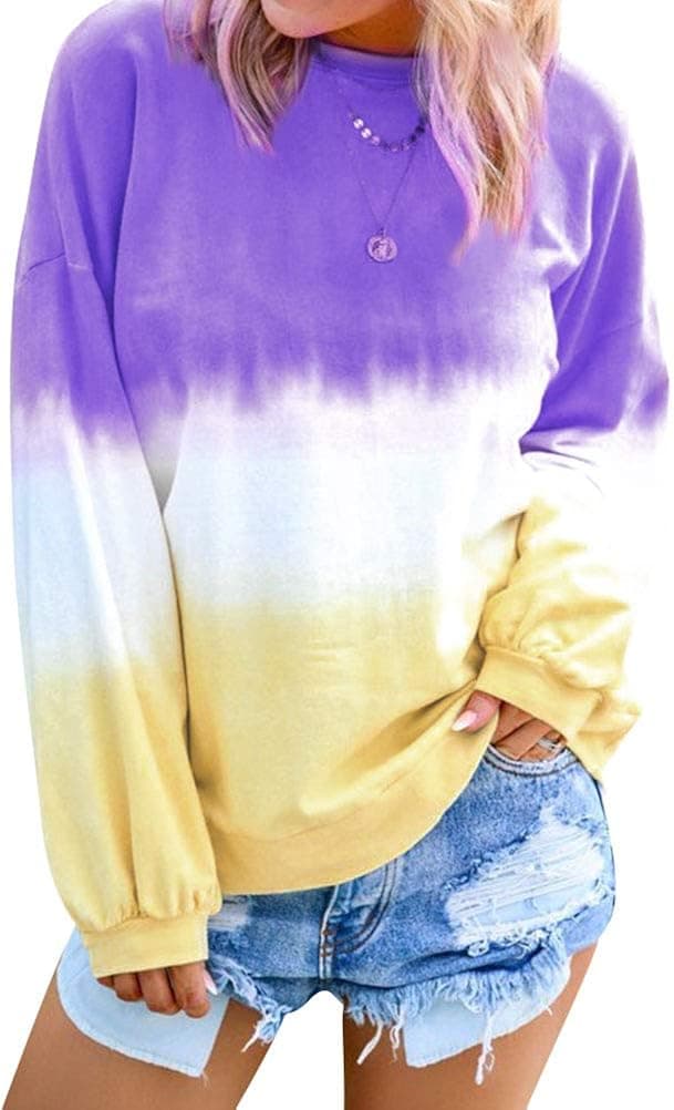 Dresswel Womens Casual Crew Neck Long Sleeve Love Printed Sweatshirts Gradient Contrast Color-Block Pullover Tops