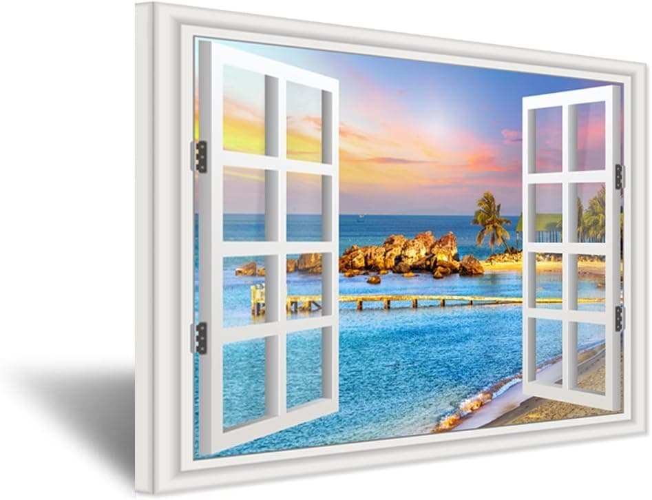 Hello Artwork - Canvas Print Wall Art Window Frame Style Sunset Beach Ocean Tropical Landscape Wood Bridge Plam Trees Picture On Giclee Print Gallery Wrap Modern Home Decor 24x32inch