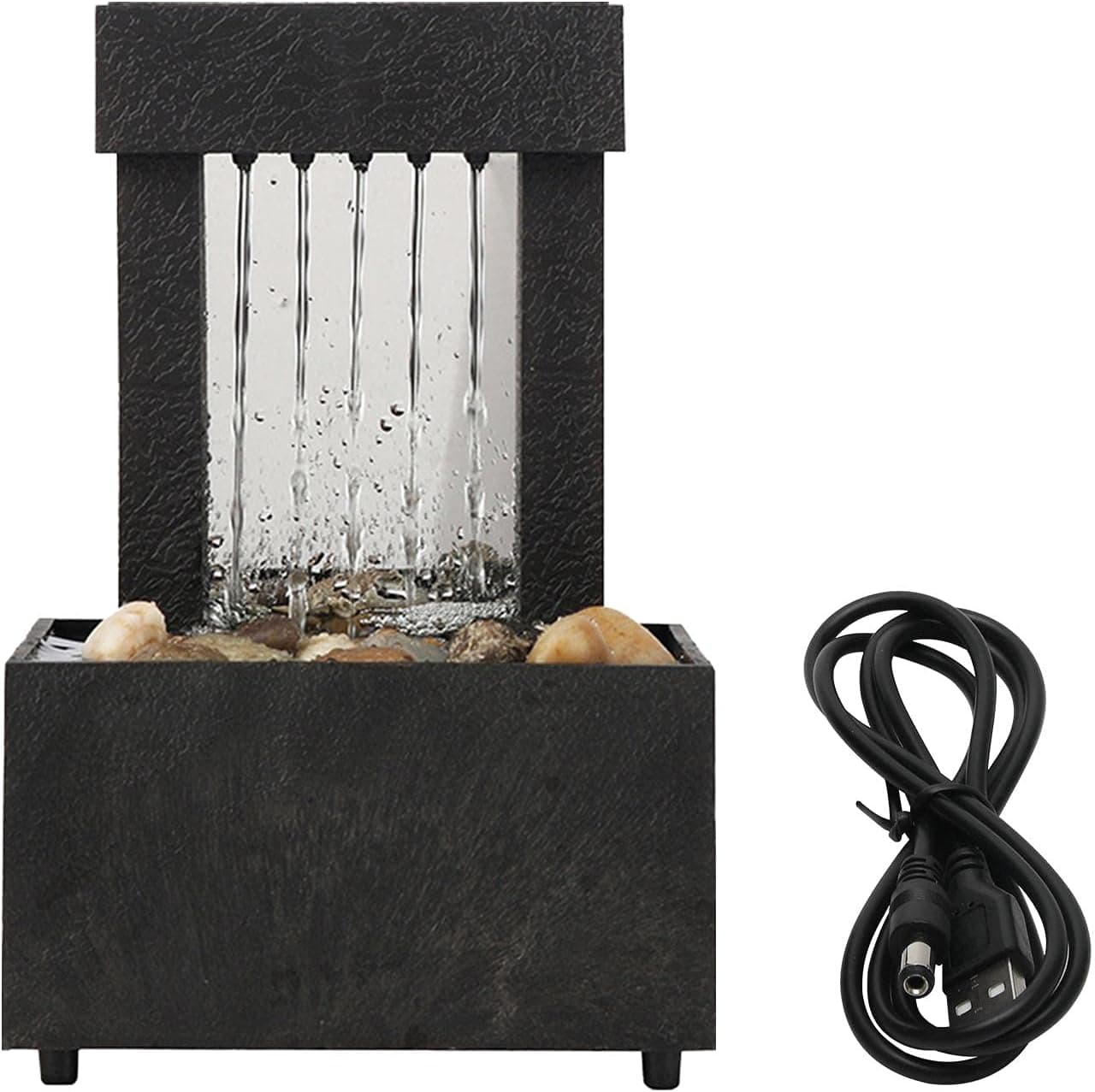 BWWNBY Indoor Water Fountain with LED Lights Cobblestones Waterfall Tabletop Zen Fountain with Soothing Sound for Office and Home Décor(Black)