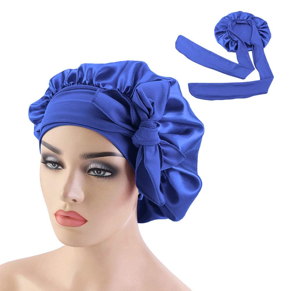 Wide Band Satin Bonnet Cap,Bonnets for Women,Silky Bonnet for Curly Hair,Women Hair Wrap for Sleeping (Royal Blue)