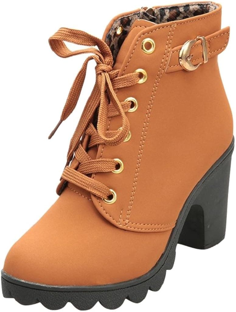 Gillberry Womens High Heel Lace Up Ankle Boots Ladies Buckle Platform Shoes (7.5, Yellow) (6.5, Yellow)