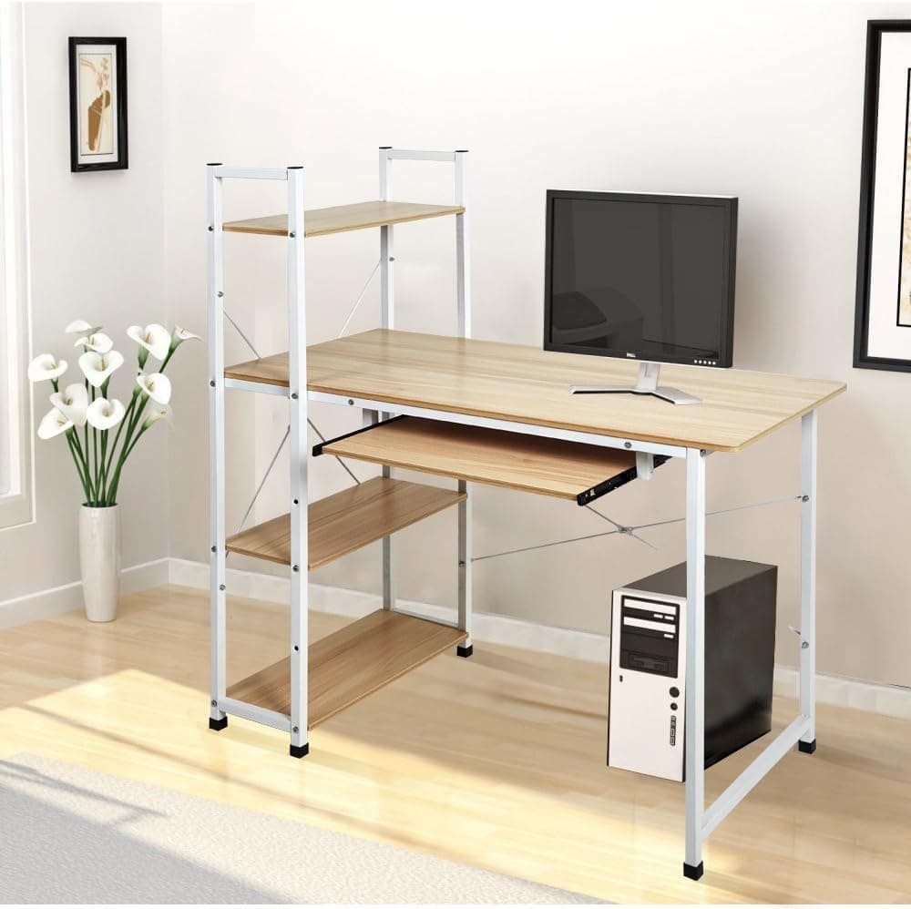 Dporticus 49" Home Office Workstation Computer Desk Bookshelf with 4 Tiers Shelves and Pullout Keyboard Tray White and Oak