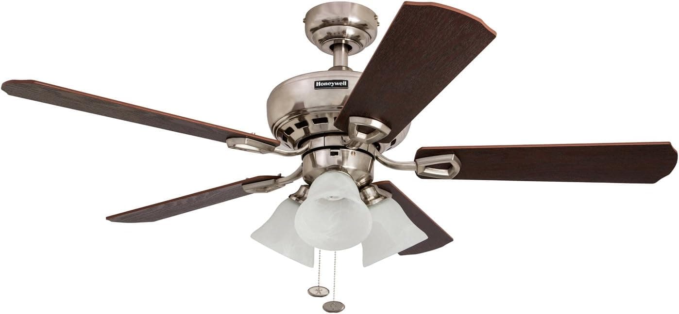 Honeywell Ceiling Fans 50184 Springhill 44" Ceiling Fan with Swirled White Light Shades, Five Reversible Warm Cherry/Chocolate Maple Blades, Brushed Nickel