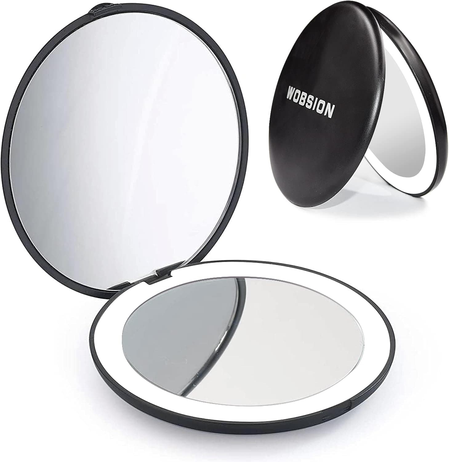 wobsion Led Compact Mirror, 1x/10x Magnification Compact Mirror with Light,Handheld 2-Sided Pocket Mirror,Travel Makeup Mirror,3.5in Compact Mirror for Purses,Small Mirror for Handbag,Black