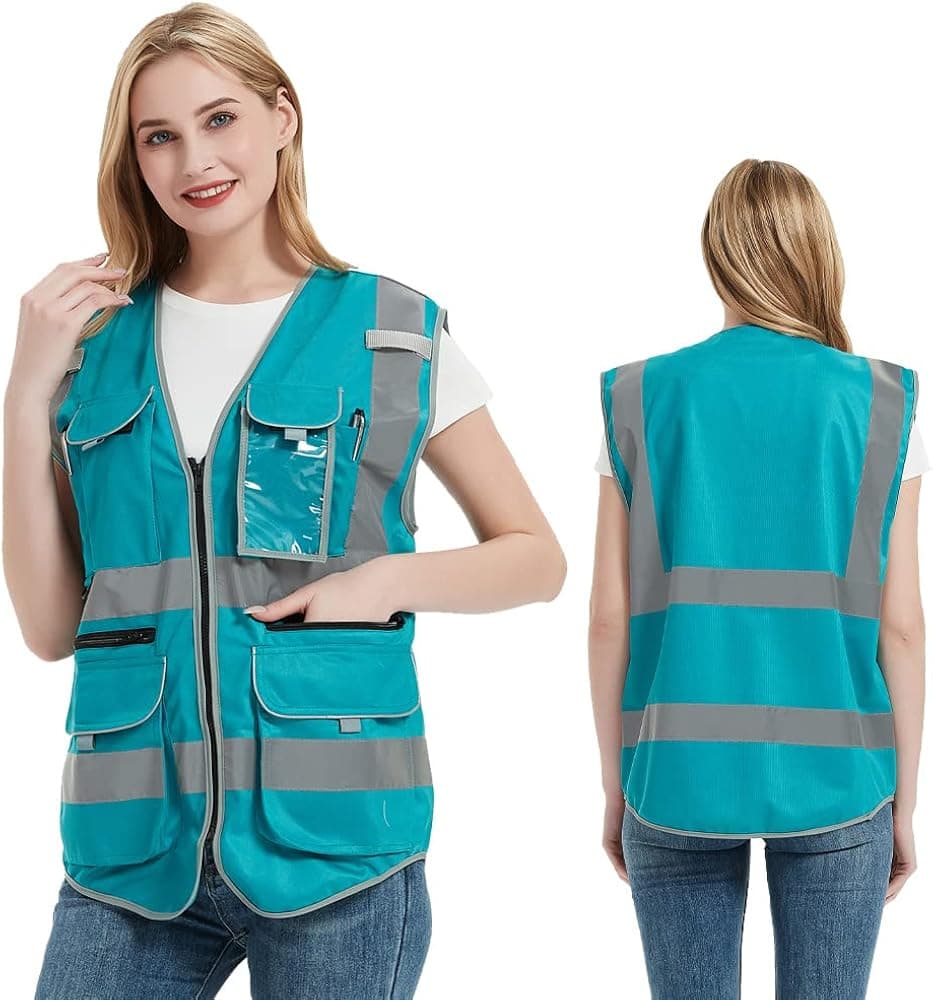 Lake Blue Safety Vest For Women With Pockets High Visibility Reflective Vest For Men with Zipper Front ANSI/ISEA Standard