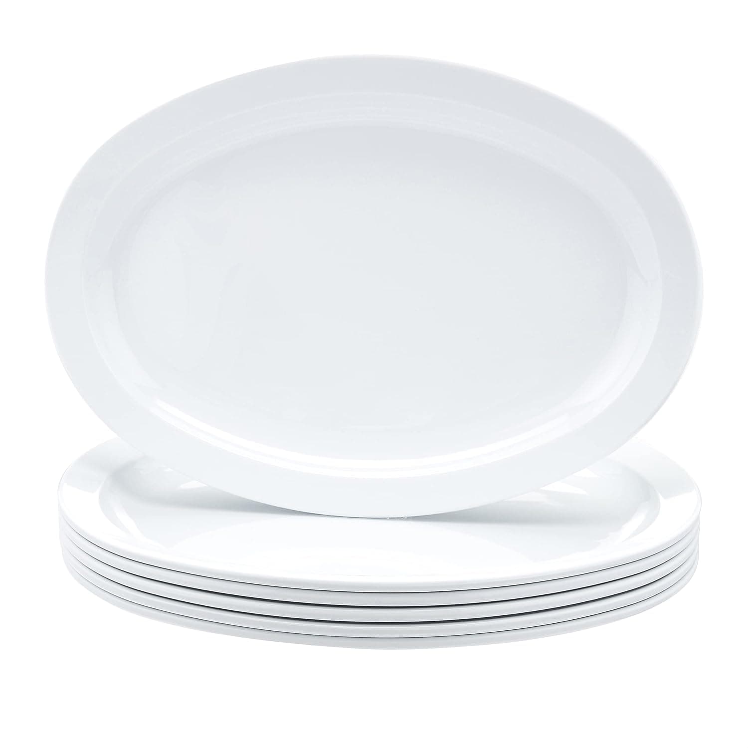 AmazonCommercial 13 in. x 9.75 in. White Melamine Oval Platter Narrow Rim - 6 Piece Set