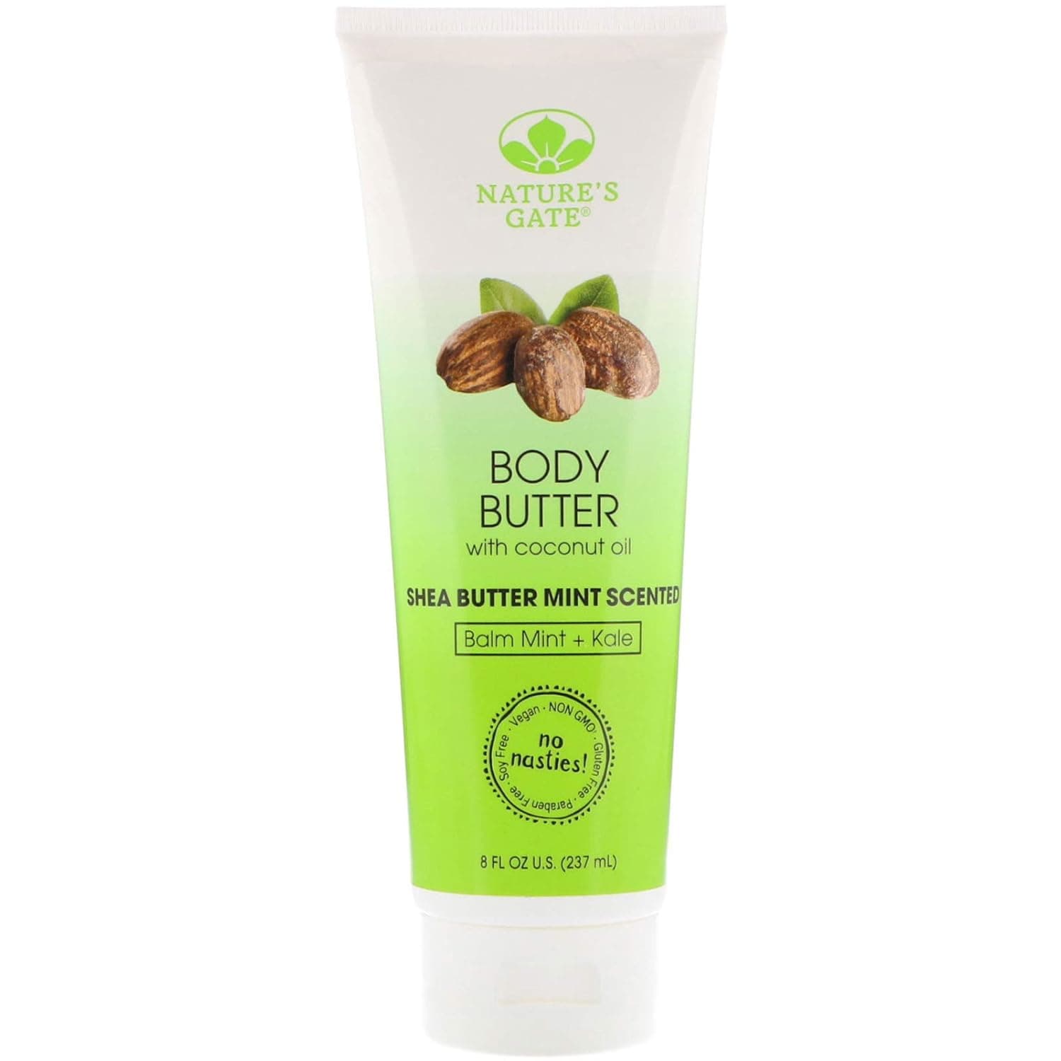 Nature's Gate Natural Body Butter, Balm Mint and Kale, Shea Butter Mint Scented, Gently Hydrates and Moisturizes Skin; Vegan, Non GMO, Gluten Free, Paraben Free, Cruelty Free, 8 Ounce Recyclable Tube