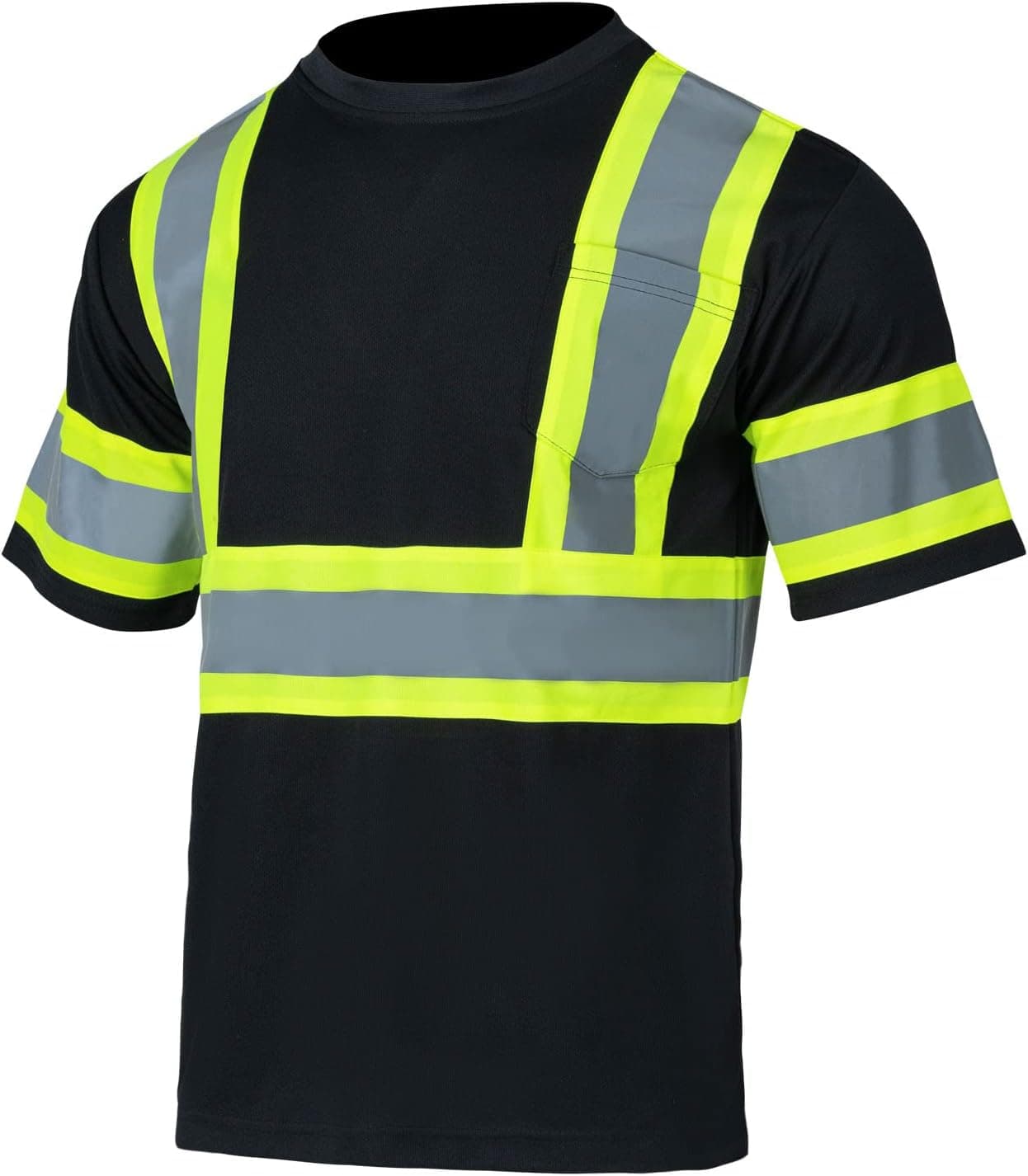 FONIRRA Hi Vis Safety T Shirt for Men ANSI Class 2 High Visibility Reflective Work Shirt with Short Sleeve Black Bottom(Black,L)