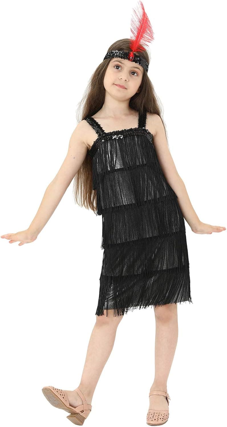 Leadtex Girl's 20s Flapper Dresses Costume Dress Childrens Party Fringed Dresses with Feather Headband,Size S,M,L,XL