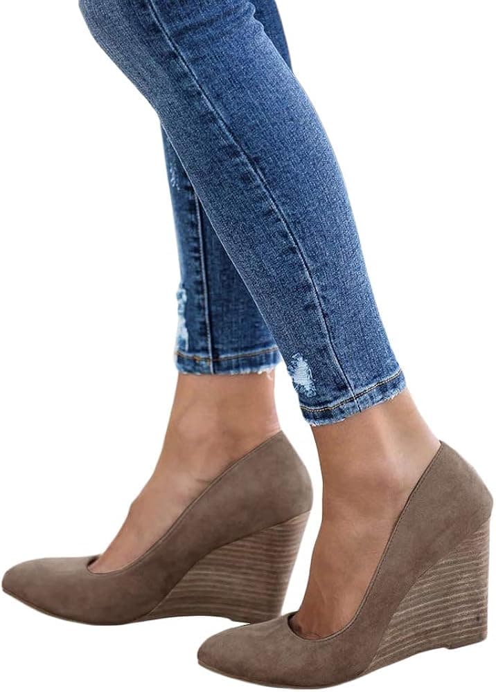 LAICIGO Women’s Wedge Pumps Pointed Toe Slip-On Chunky Heeled Faux Suede Wedding Party Dress Shoes