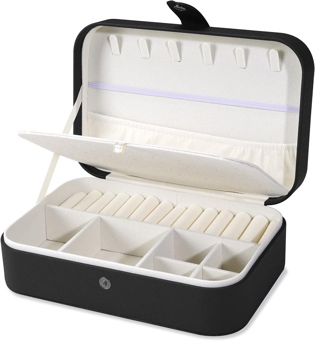 Jewelry Box, Travel Jewelry Organizer, Necklace Ring Storage Organizer, PU Leather Medium Portable Travel Case, Double Layer Travel Jewelry Organizer for Women Girls Gift, 2 Layers Organizer Display Storage Holder Boxes for Rings, Earrings, Necklaces, Bracelets (Black White)