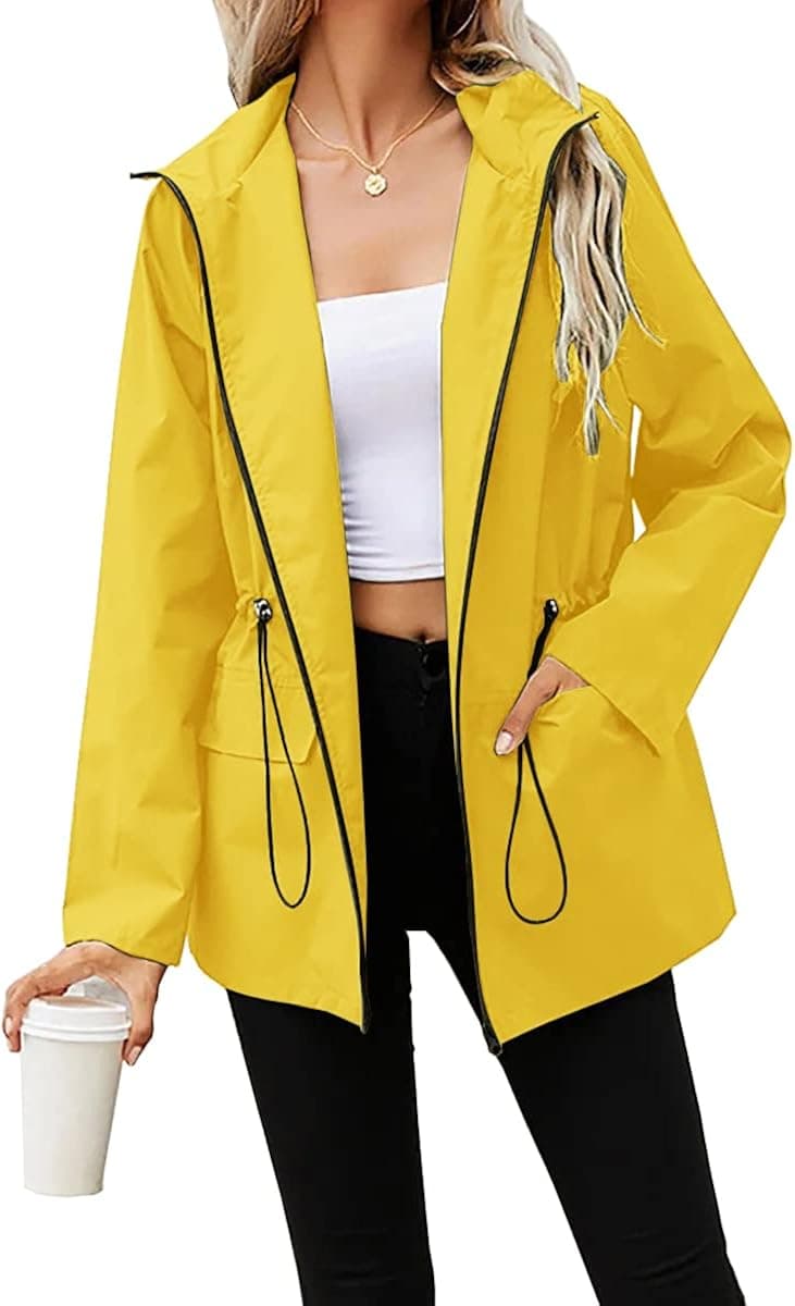 PESION Women's Waterproof Raincoat Lightweight Rain Jacket Hooded Windbreaker with Pockets for Outdoor Climb Hiking Fish