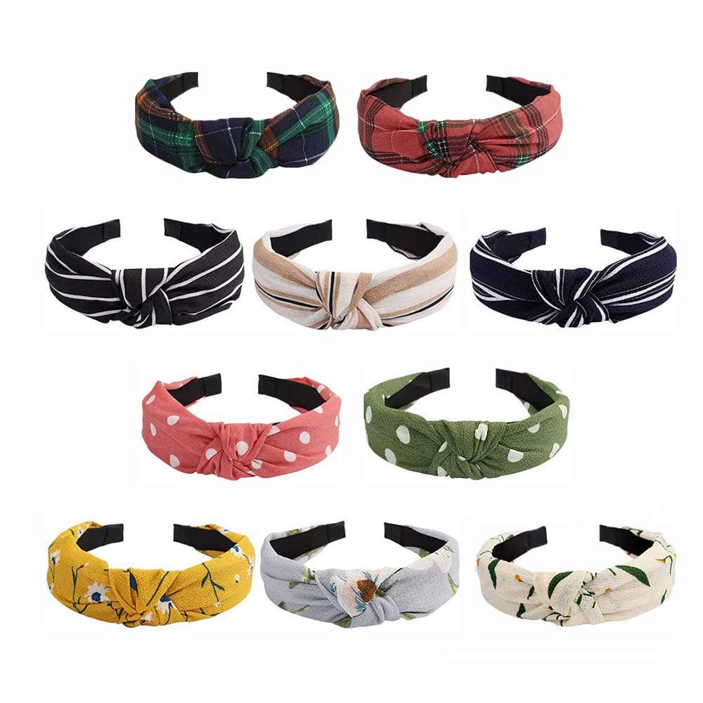 BAHABY 10 Pack Knotted Headbands for Women, Boho Elastic Soft knot Turban Fashion Floral and Dot Print Hair Band for Outdoor and Daily Dress