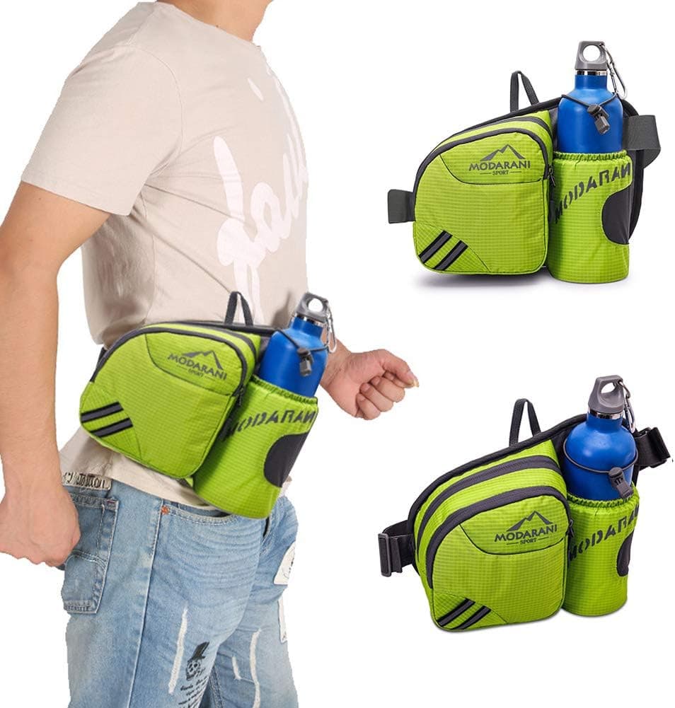 MODARANI Green Hiking Waist Pack Hydration Belt with Water Bottle Holder Running Waist Belt Lumbar Bum Bag