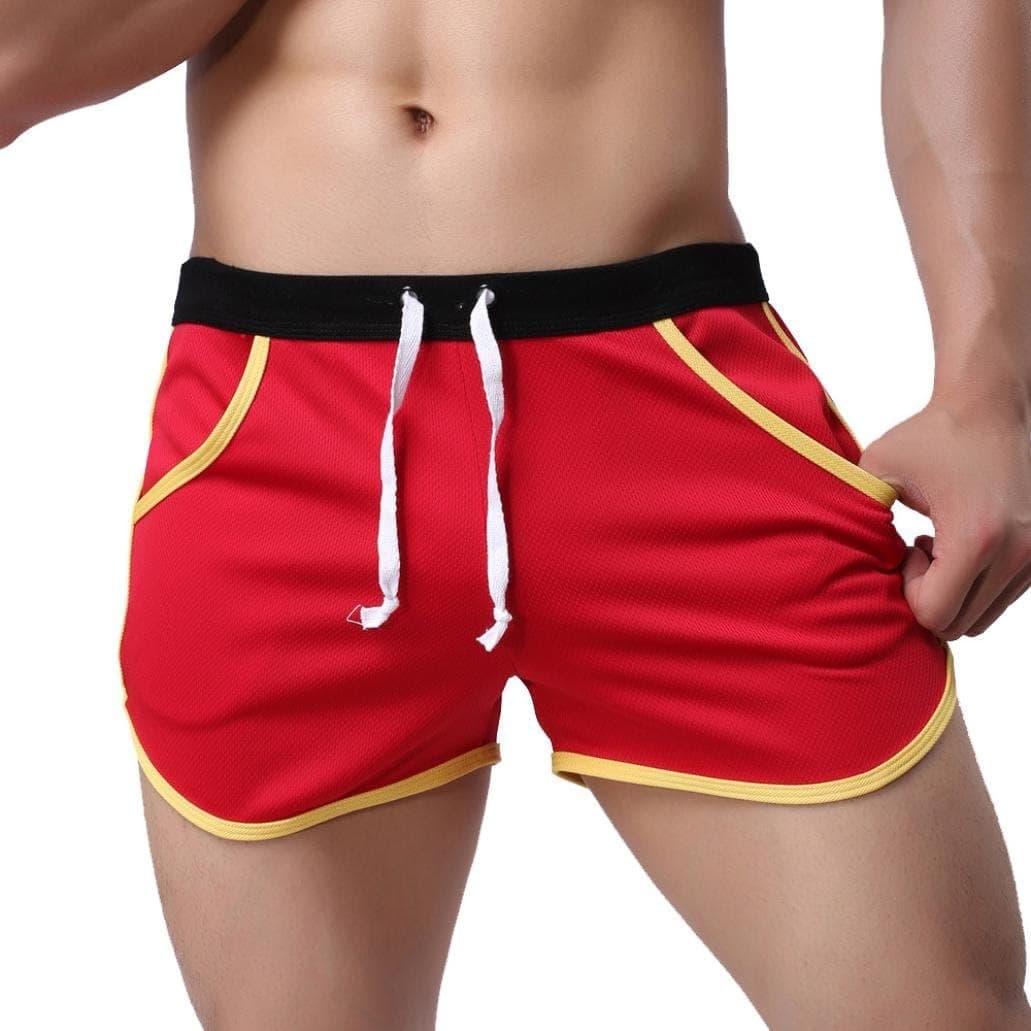 NEARTIME Men's Fitted Shorts, Bodybuilding Workout Gym Running Loose Athletic Shorts Tight Lifting Sport Casual Pant Red