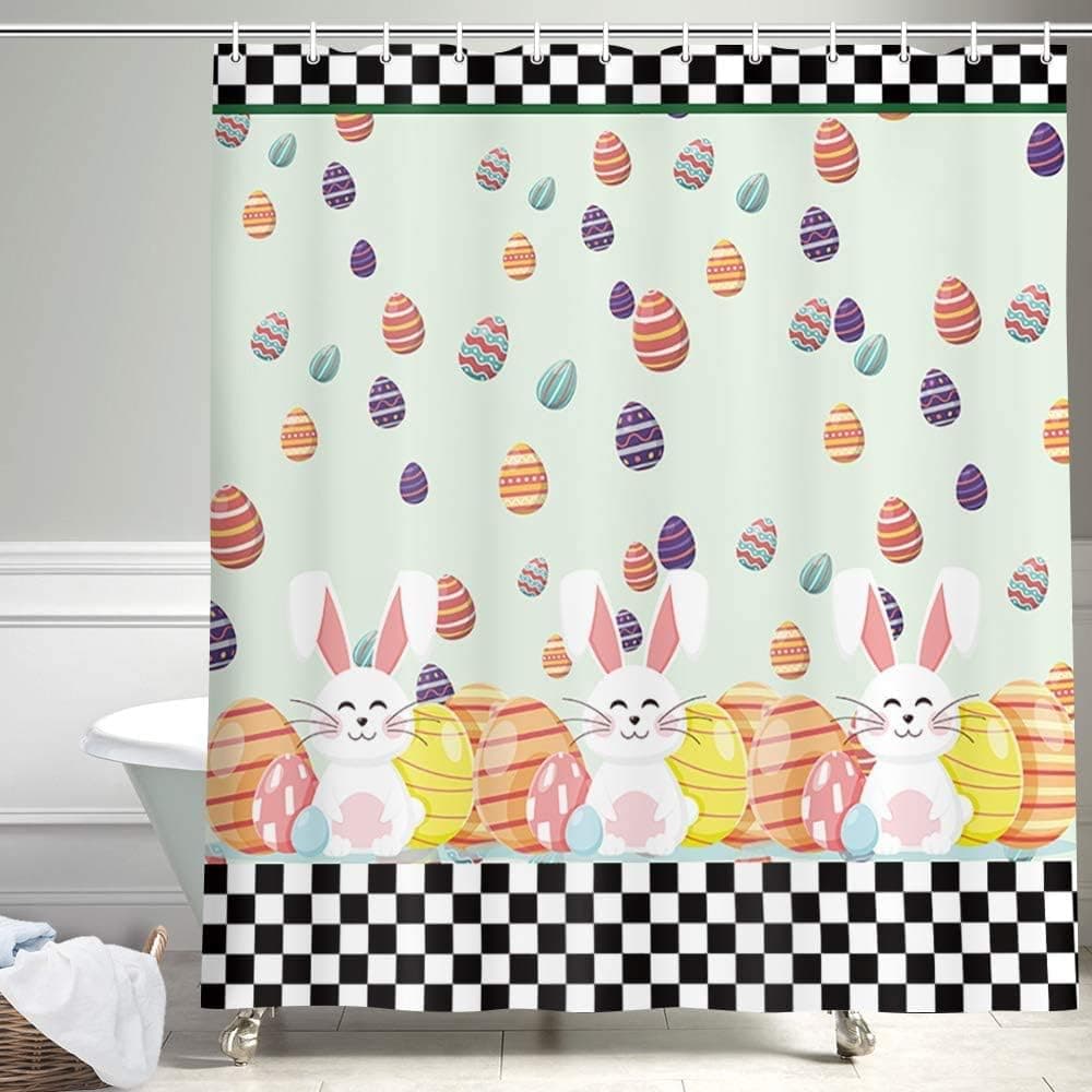 Spring Holiday Easter Fabric Shower Curtain, Farmhouse Buffalo Check Black and White Plaid Bathroom Curtains, Funny Cartoon Bunny Rabbit with Colorful Eggs for Kids Shower Curtain, 69X70in