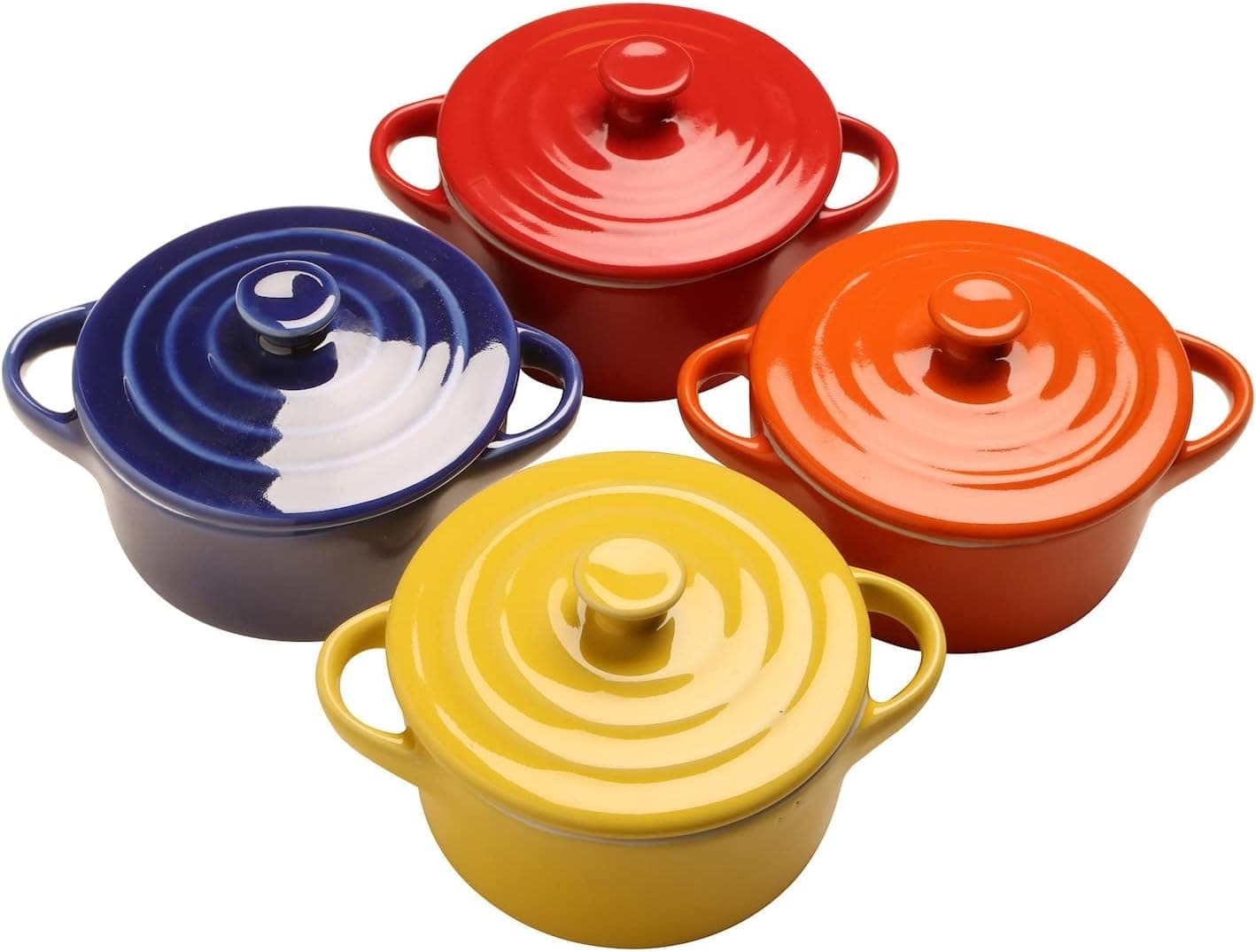 Home District Mini Casserole Pots - Set of 4 Multi Color Lidded Stoneware Dishes, Soup Crocks Oven Safe, Holds 8 Oz. Each