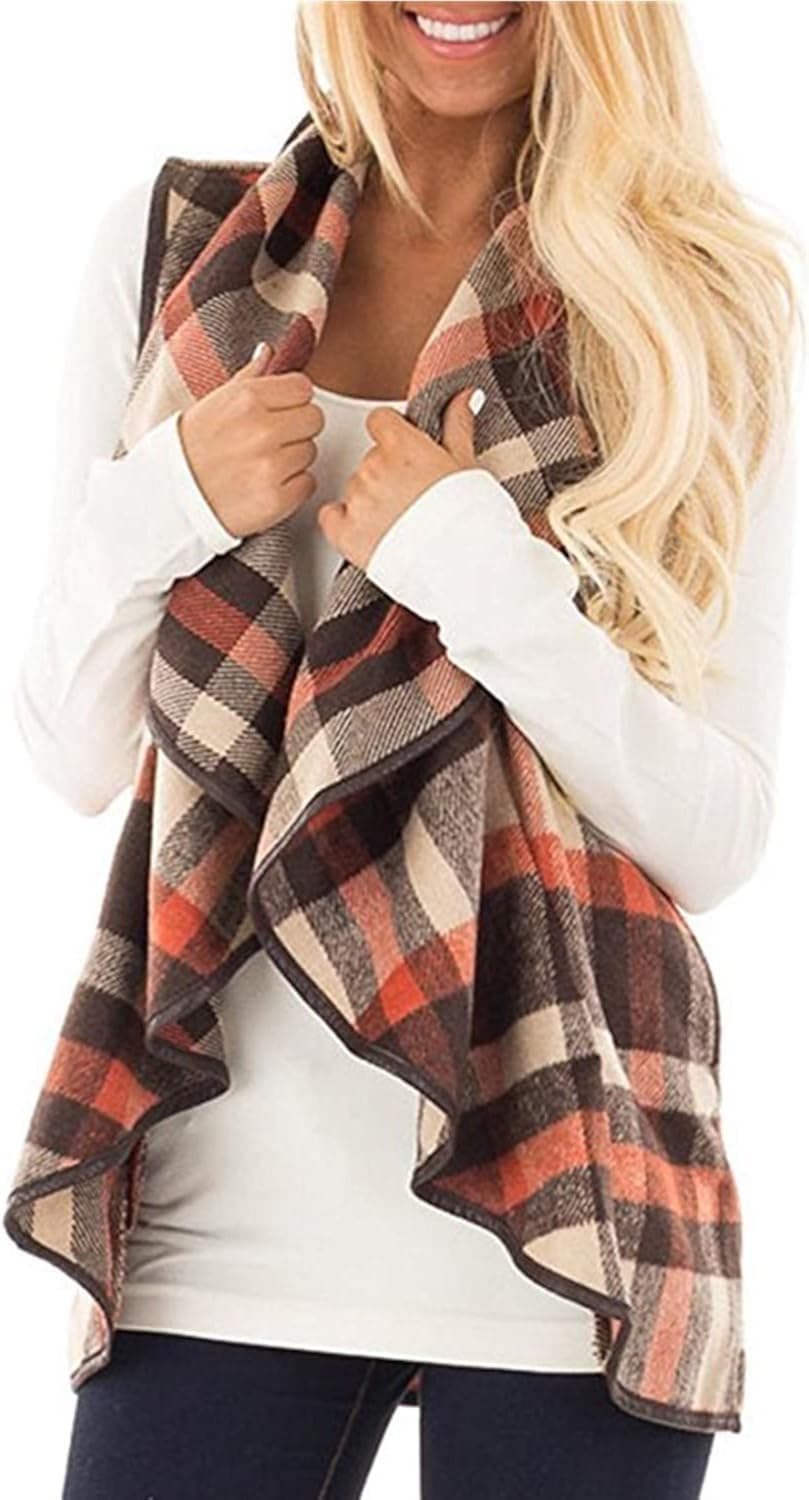 Women Buffalo Plaid Vest Sleeveless Cardigan Open Front Casual Jacket Winter Coffee XXL
