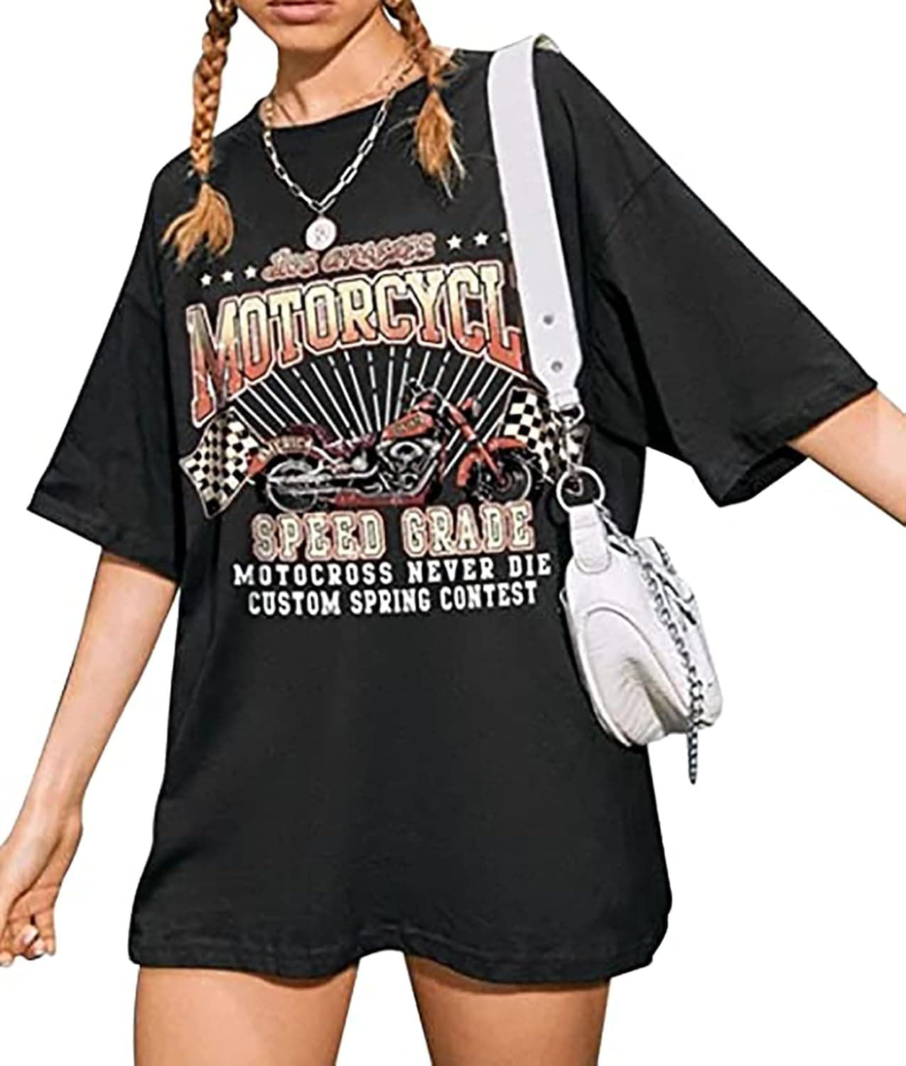 Meladyan Women Oversized Motorcycle Slogan Graphic Tee,Drop Shoulder Longline Round Neck Short Sleeve Tshirt Tops