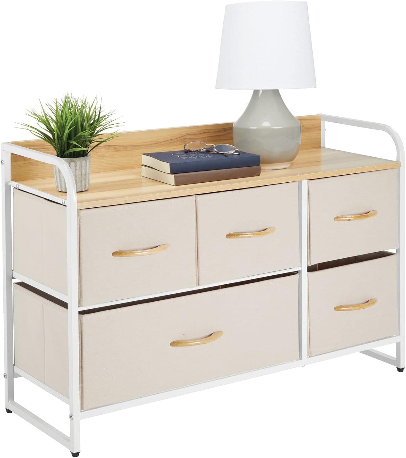 mDesign Wide Dresser Chest with 5 Removable Fabric Drawers - Furniture Storage Unit with Steel Frame and Wood Top for Bedroom, Office, Home Organization - Cream/White