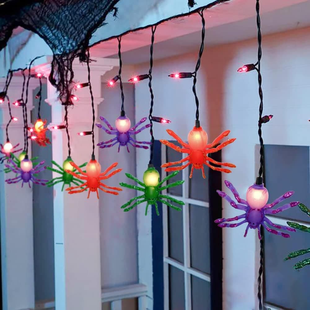 Halloween Spider String Lights, 7FT Halloween Decorations with 10pc Colorful Spiders, 25 Mini Purple Halloween Theme Lights for House Decoration, Window Porch Stair Bar Outdoor Indoor Party Decor
