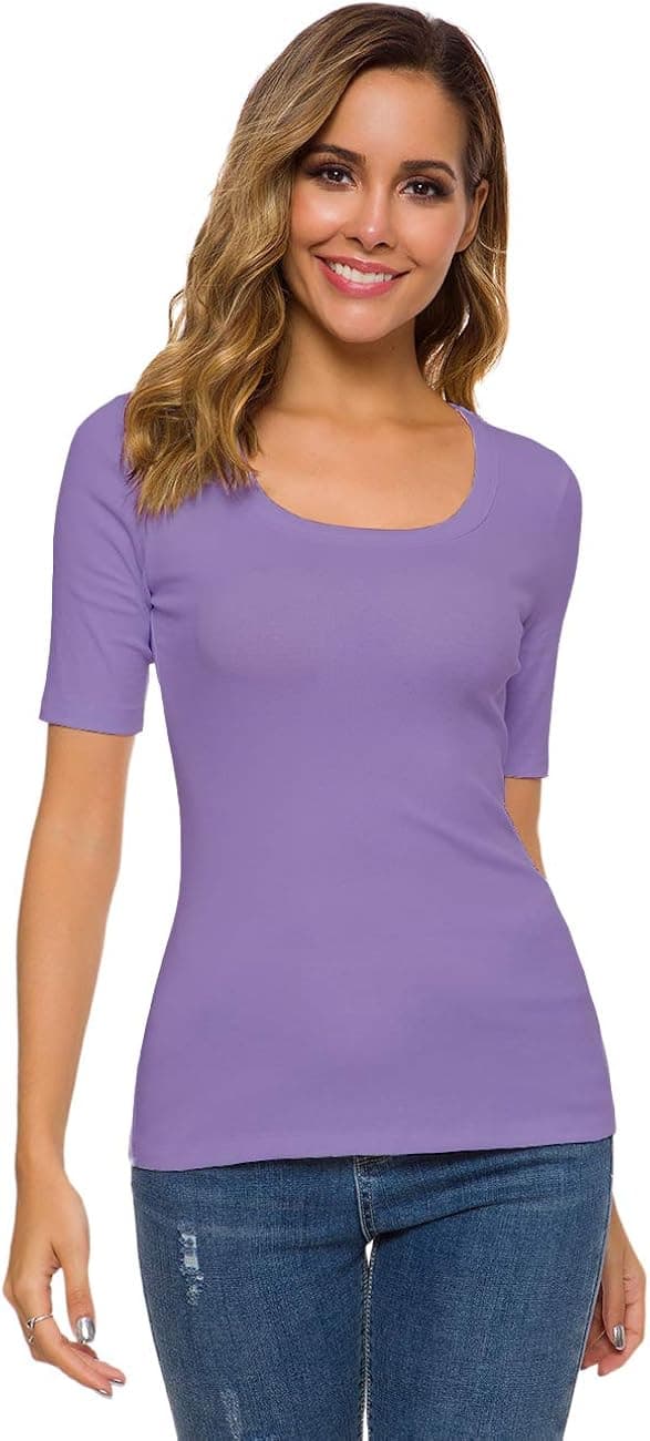 Women Summer Square U Neck Dressy Tops Casual Half Sleeve Slim Fit Tee T-Shirts
