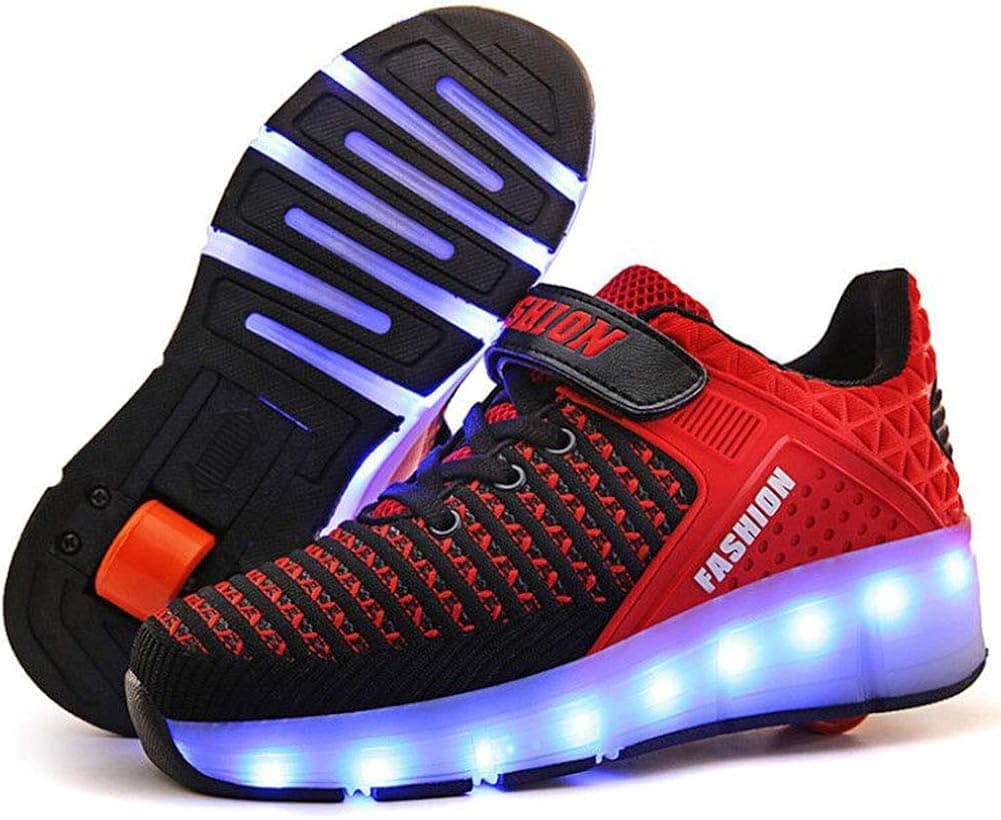 Qneic USB Rechargeable Roller Shoes Sneakers for Boys Girls Kids Gift LED Light Up Wheels Shoes Roller Skates