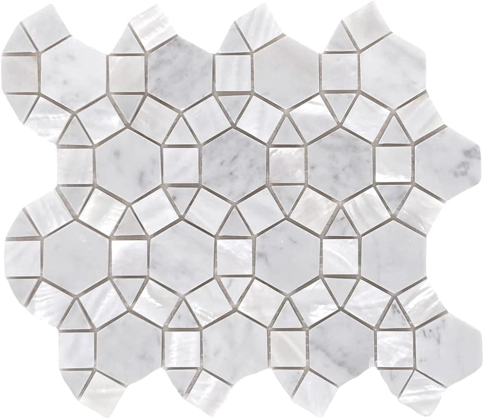 Carrara Waterjet Marble with Mix Circulos Pallas Mother of Pearl Tiles On Mosaic Sheet (Pack of 5 sheets)