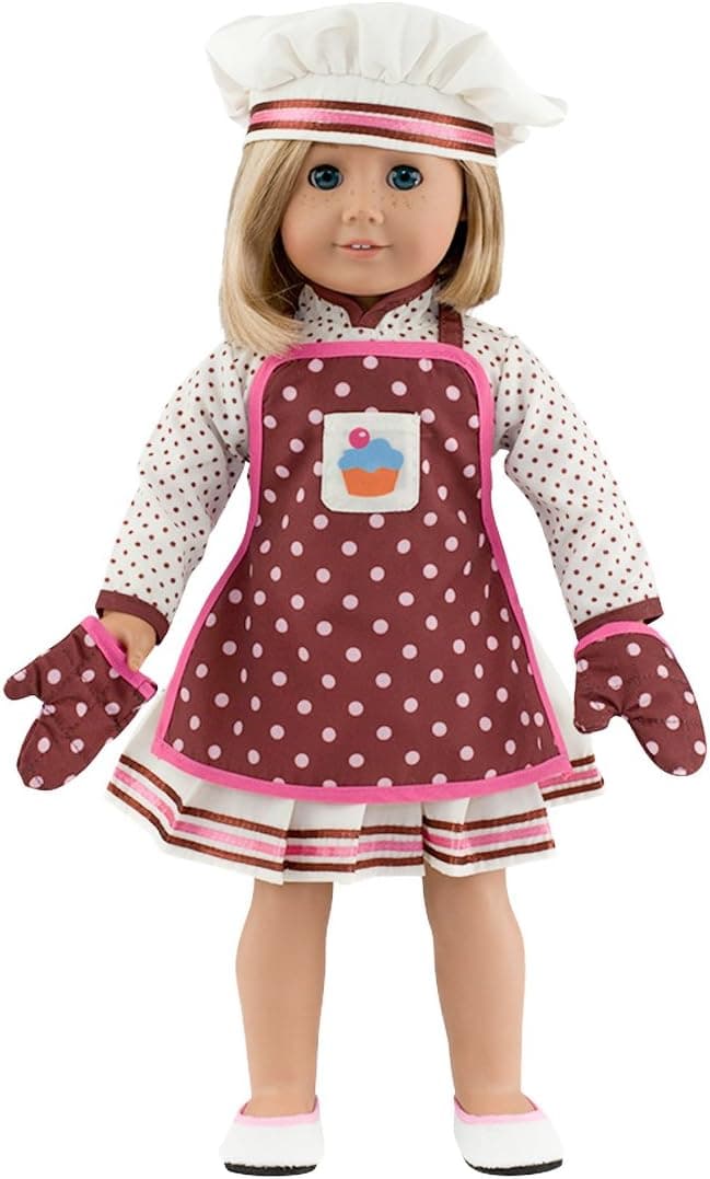 MangoPeaches - 18" Doll Clothes: 5 pc Deluxe Set Holiday Gracious Baker Deluxe Set- (Includes Dress, Oven Mitts, Shoes, Apron and Chef's Hat) Compatible with 18" Girl Dolls