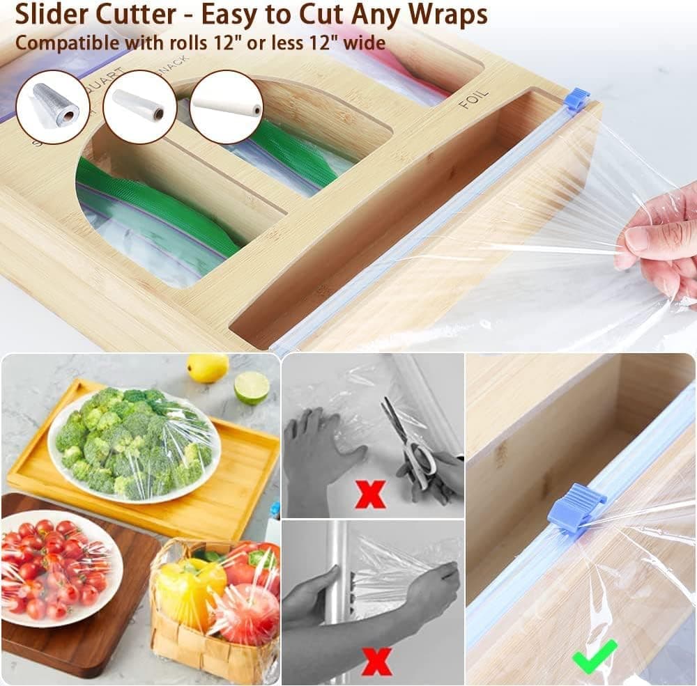 COSANSYS WOOD Bamboo Ziplock Bag Storage Organizer Kitchen Food Storage Bag Organizer 5 in 1 Dispenser with Cutter for Kitchen Drawer and Wall Mounted, Storage for Gallon, Quart, Sandwich, Snack