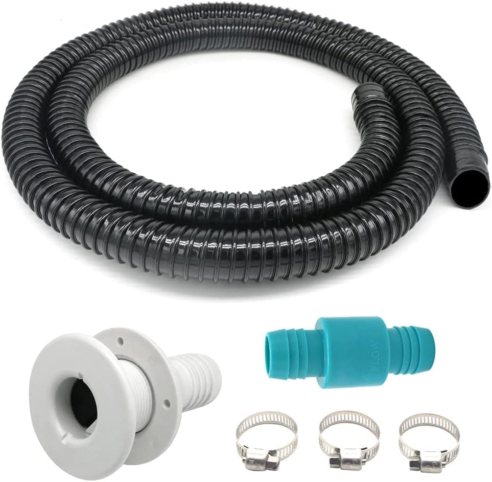 7.2FT Boat Bilge Pump Installation Kit, 1-1/8-Inch Boat Bilge Pump Hose Plumbing Kit, 1-1/8-Inch Straight Thru-Hull Fitting Scupper, 1-1/8-Inch Check valve, 3 Stainless Steel Clamps