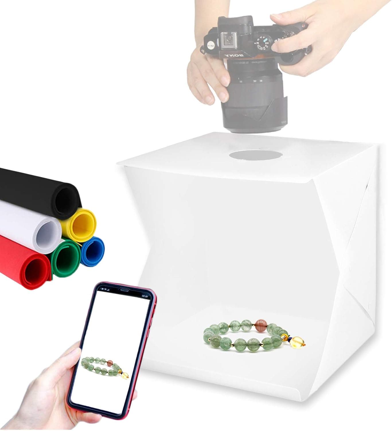 KinGrow 9.4 x 9.1 x 8.7 Inch Mini Foldable Photography Light Box, Photo Studio Shooting Tent with 6 Color Backdrop Background for Small Product Photography Studio
