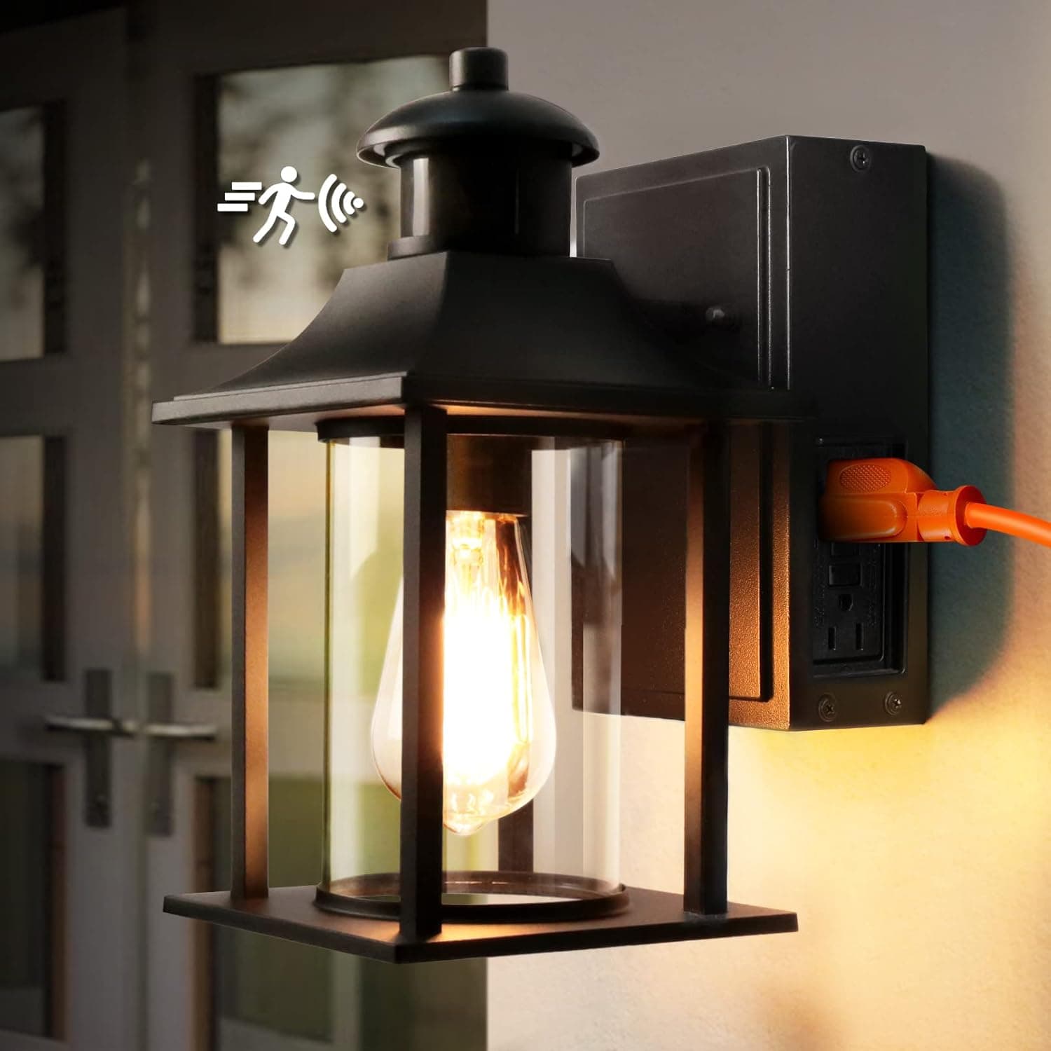 VDKK Porch Lights Fixture with Outlet,Exterior Outdoor House Light Wall Mount with Outlet Built in,Waterproof Wall Light with 3 Motion Modes,Anti-Rust Wall Lantern for Balcony(Bulb NOT Included)